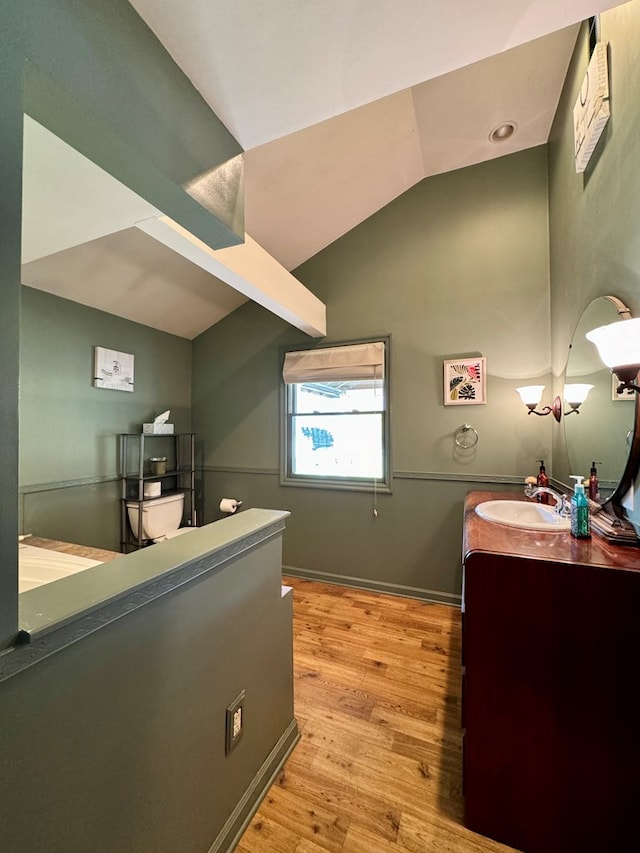 bathroom with vanity, lofted ceiling, and hardwood / wood-style flooring