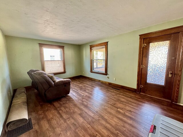 sitting room featuring a textured ceiling, hardwood / wood-style flooring, and a healthy amount of sunlight