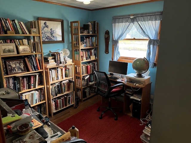 office space featuring hardwood / wood-style floors and crown molding