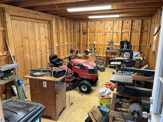 garage featuring a workshop area