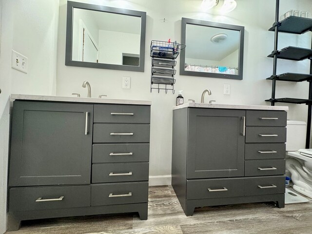 bathroom with vanity and hardwood / wood-style floors