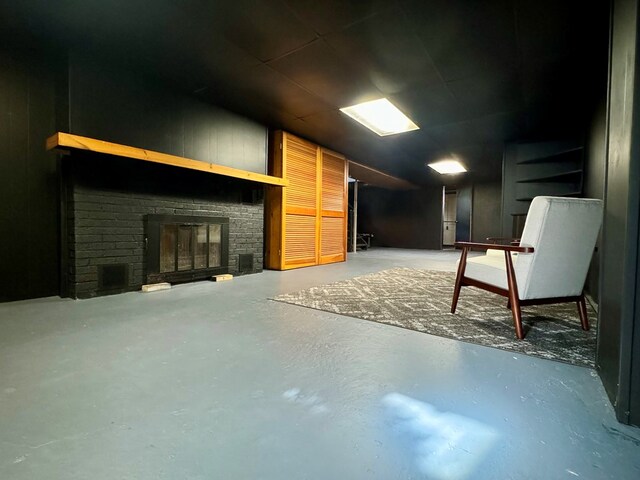 basement with a fireplace