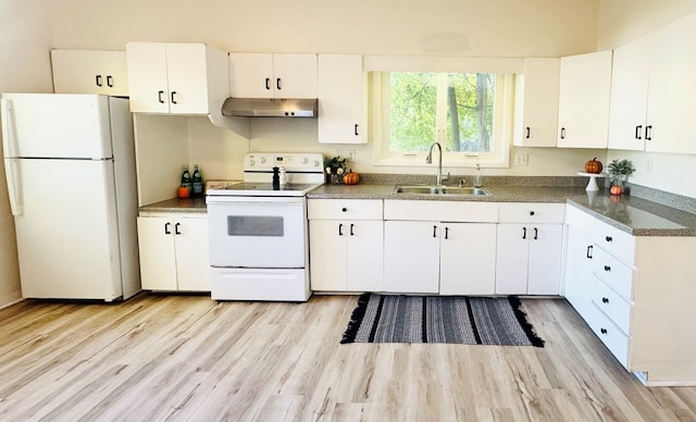 kitchen with light wood-type flooring, white appliances, extractor fan, sink, and white cabinetry