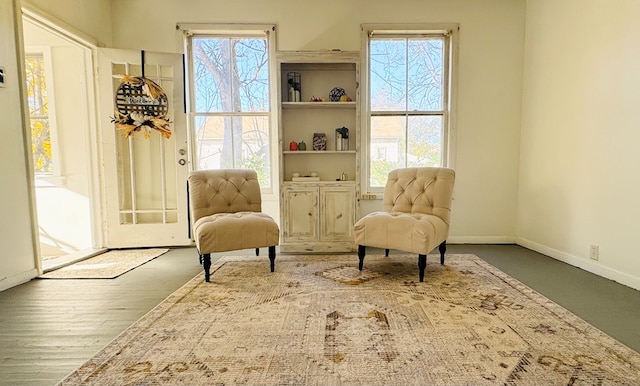 living area featuring french doors, light wood-type flooring, and a healthy amount of sunlight