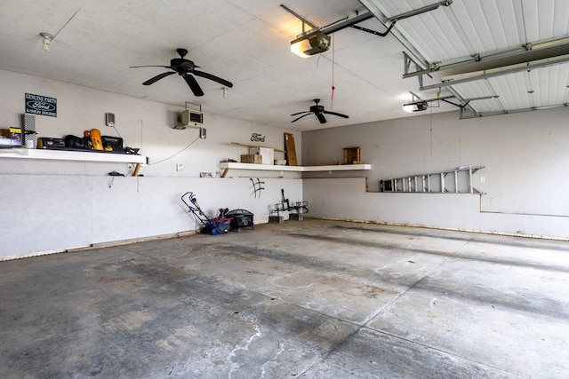 garage with ceiling fan and a garage door opener