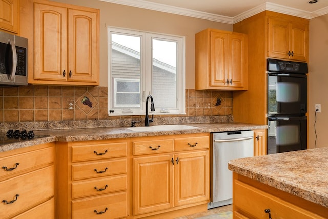 kitchen with sink, tasteful backsplash, ornamental molding, and black appliances