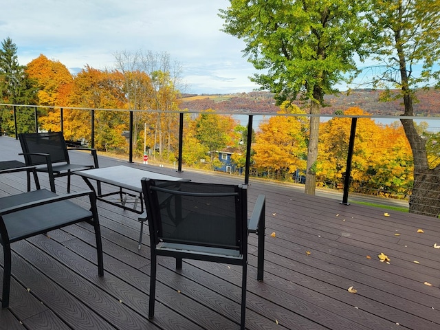 wooden terrace featuring a water view