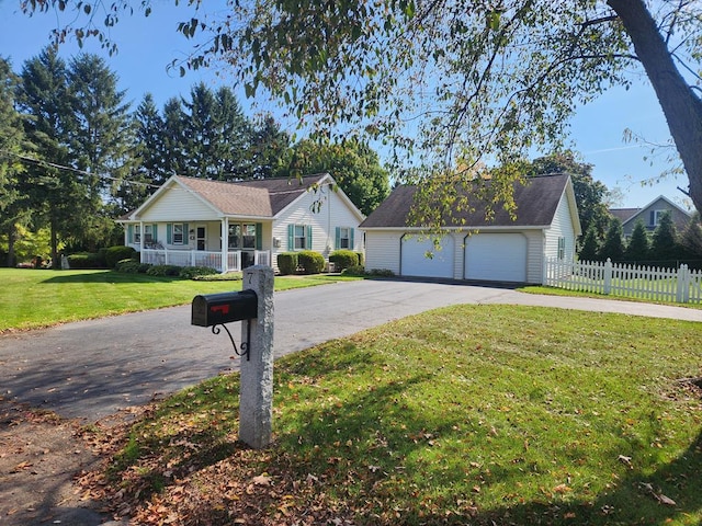 ranch-style home with a porch, a front yard, and a garage