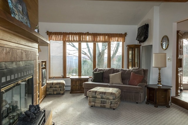 carpeted living room with a baseboard radiator and lofted ceiling