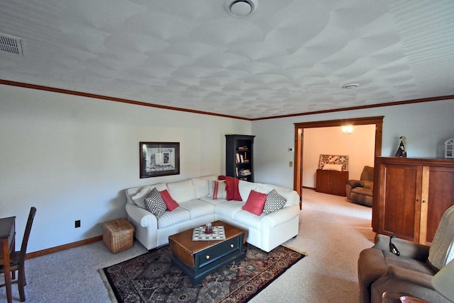 carpeted living room featuring crown molding