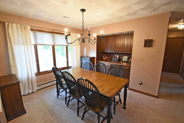 dining room featuring light carpet, a baseboard heating unit, and an inviting chandelier