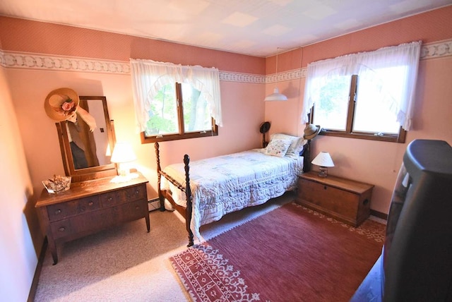 carpeted bedroom featuring multiple windows