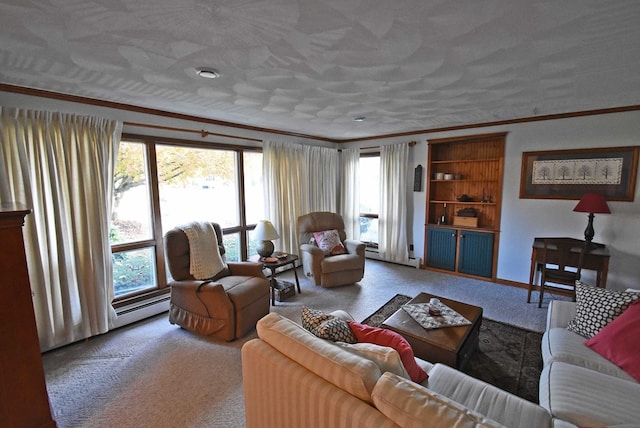 living room with ornamental molding, a textured ceiling, carpet, and a baseboard heating unit