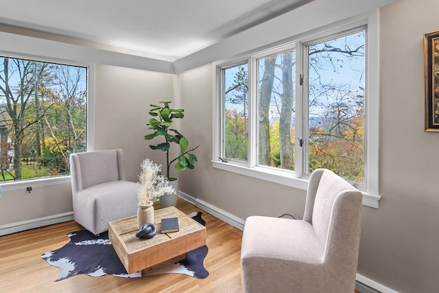 sitting room with light hardwood / wood-style floors and baseboard heating