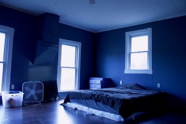 bedroom with multiple windows, dark hardwood / wood-style floors, crown molding, and ceiling fan