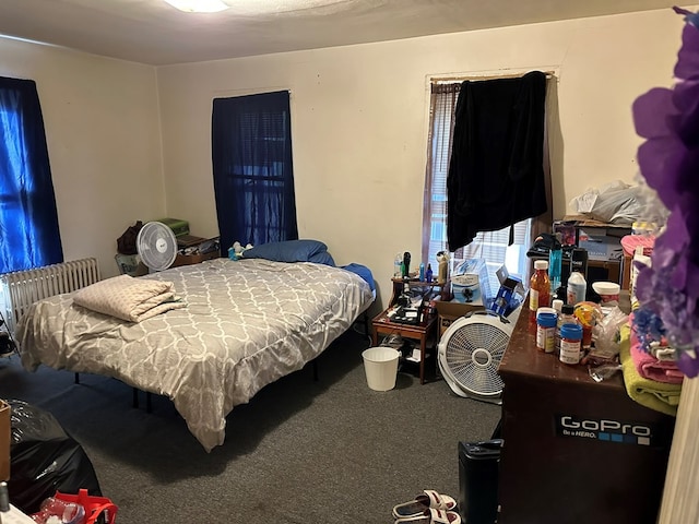 carpeted bedroom featuring radiator heating unit