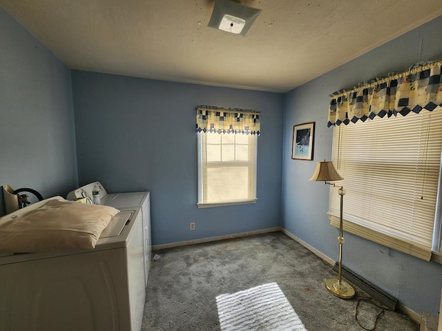 clothes washing area featuring carpet flooring and independent washer and dryer