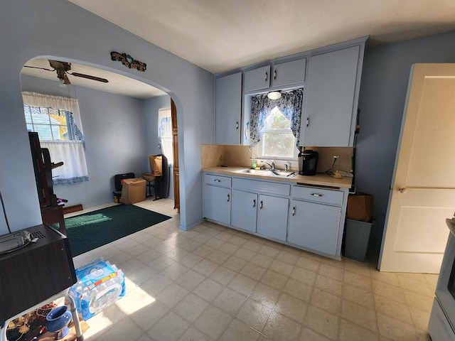 kitchen featuring ceiling fan and sink