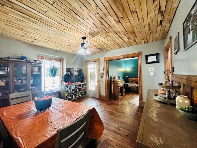 dining area with hardwood / wood-style floors, ceiling fan, and wood ceiling