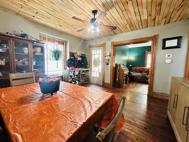 dining area featuring ceiling fan, wood-type flooring, and wooden ceiling