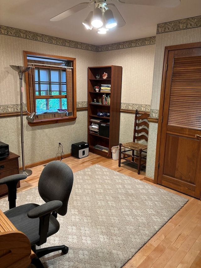 office featuring ceiling fan and light hardwood / wood-style flooring