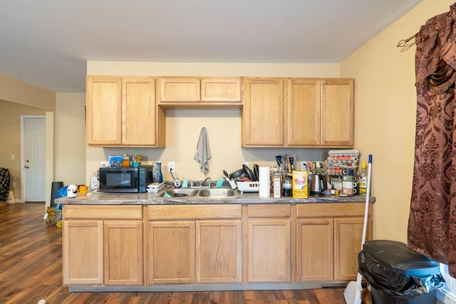 kitchen with light brown cabinetry, sink, and dark hardwood / wood-style floors