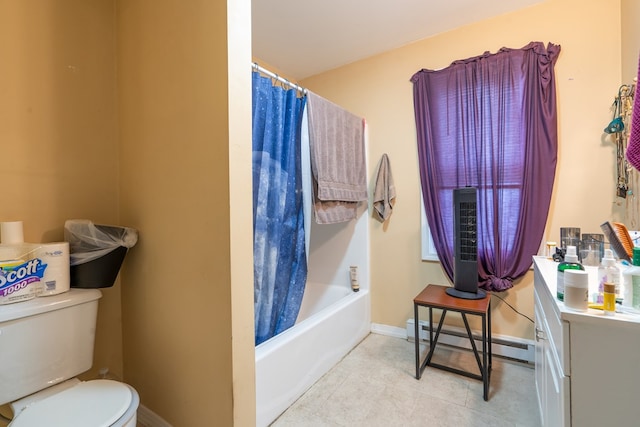 full bathroom featuring toilet, shower / bath combo, vanity, and a baseboard radiator