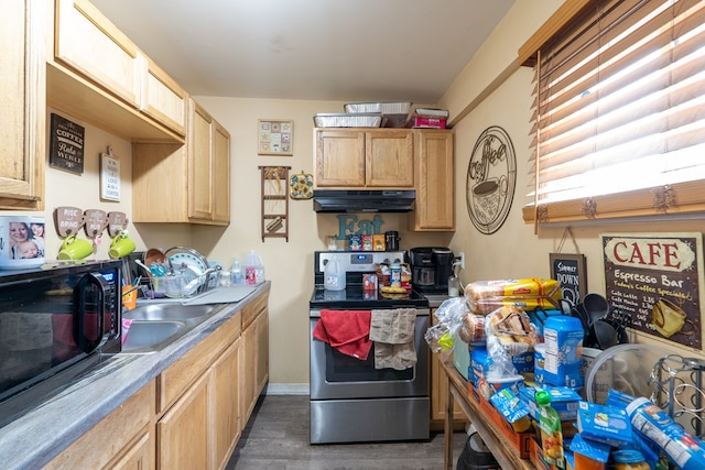 kitchen featuring stainless steel electric range, dark hardwood / wood-style flooring, light brown cabinetry, and sink