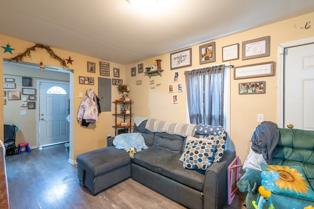 living room featuring electric panel and hardwood / wood-style flooring