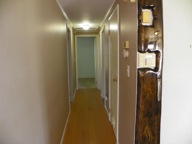 hall with ornamental molding and hardwood / wood-style floors