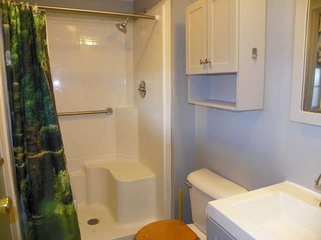 bathroom featuring walk in shower, vanity, and toilet