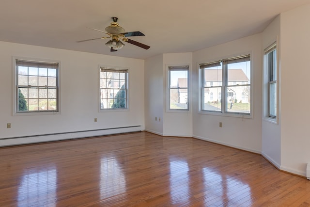 empty room with light hardwood / wood-style floors, ceiling fan, and baseboard heating