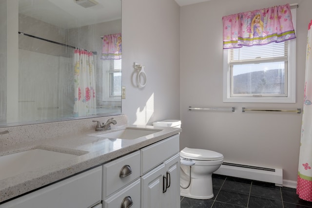 bathroom with a baseboard radiator, vanity, toilet, tile patterned floors, and a shower with curtain