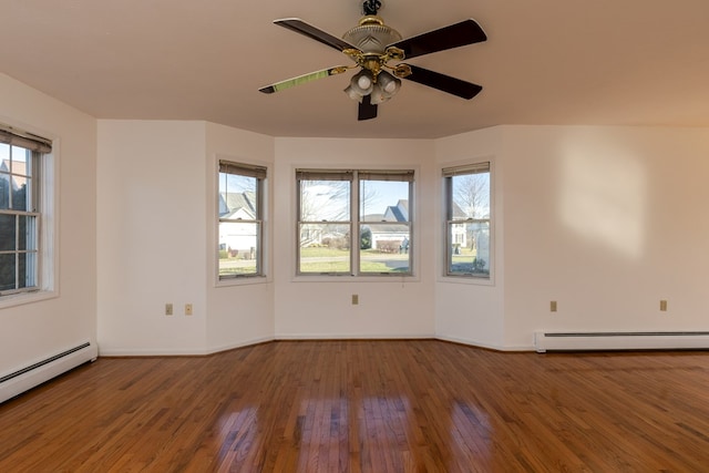 empty room featuring hardwood / wood-style flooring, plenty of natural light, a baseboard heating unit, and ceiling fan