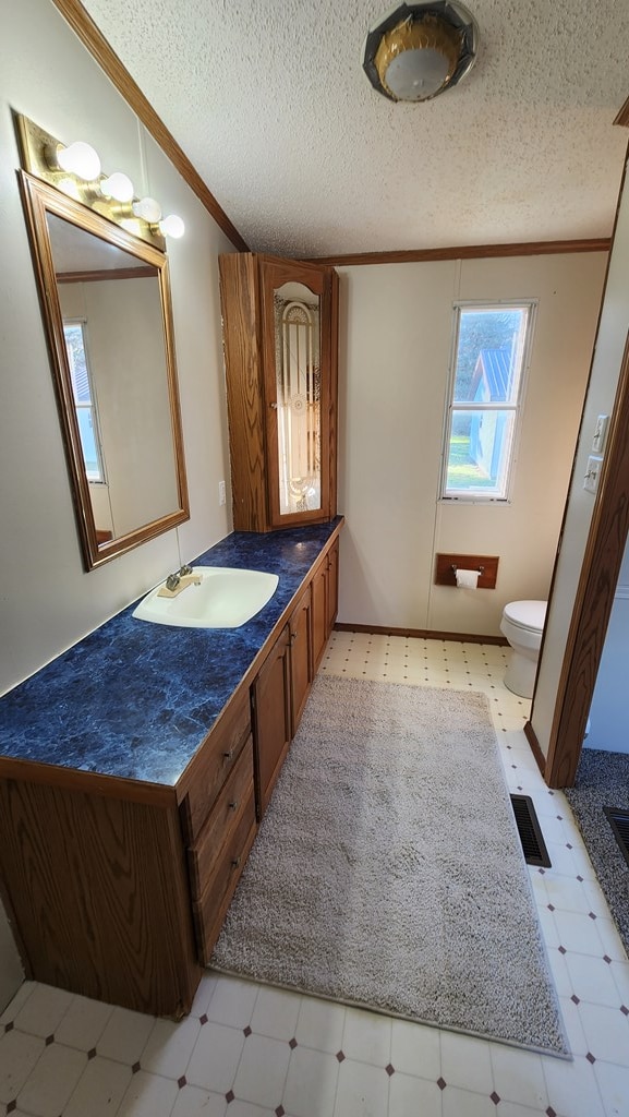 bathroom featuring a textured ceiling, toilet, and crown molding