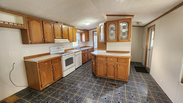 kitchen with sink, white appliances, a textured ceiling, and ornamental molding