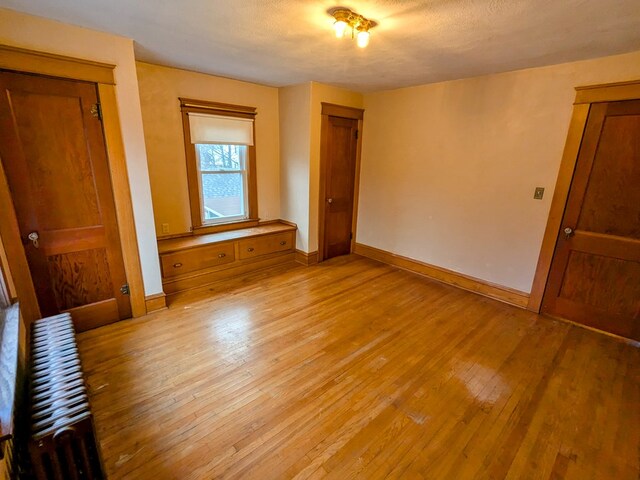 unfurnished bedroom with light wood-type flooring, a textured ceiling, and a closet