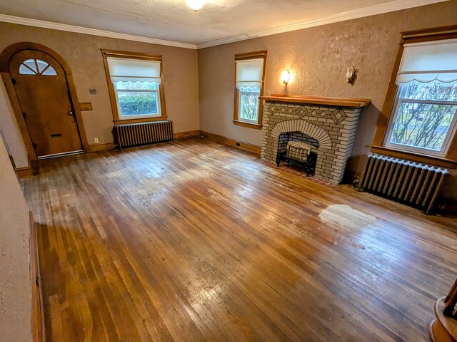 unfurnished living room with radiator, plenty of natural light, and a fireplace