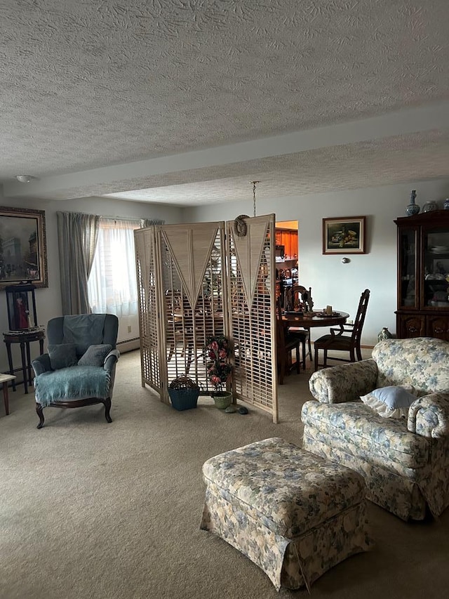 living room with a textured ceiling, carpet floors, and a baseboard radiator