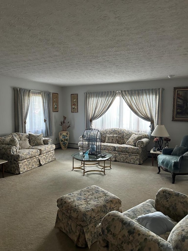 carpeted living room featuring a textured ceiling