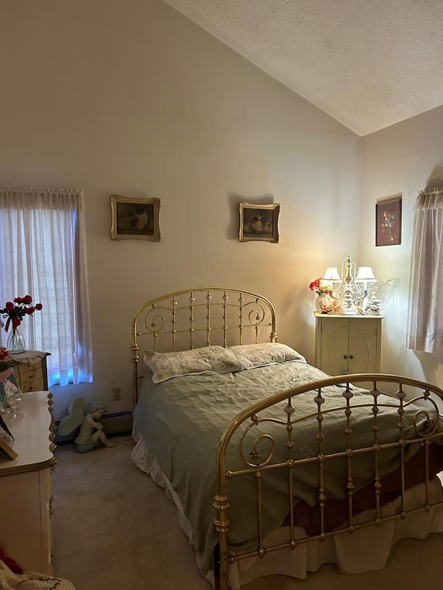 carpeted bedroom featuring lofted ceiling