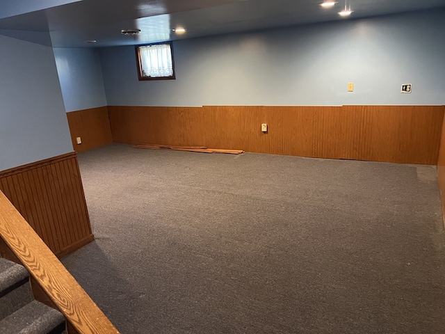 basement featuring wood walls and carpet