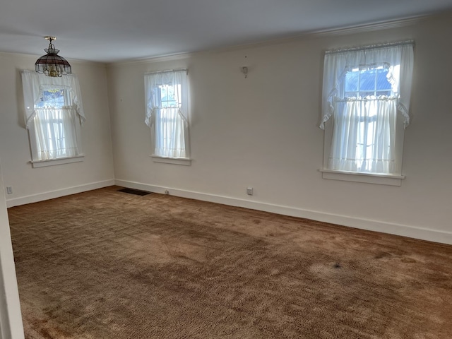 carpeted spare room featuring ornamental molding and a wealth of natural light