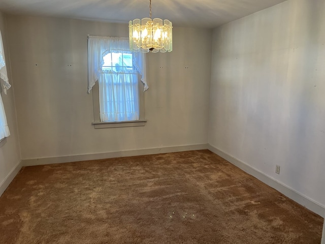 unfurnished dining area featuring carpet flooring and an inviting chandelier