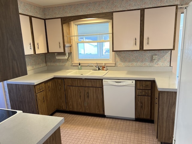 kitchen featuring backsplash, sink, white dishwasher, and dark brown cabinets