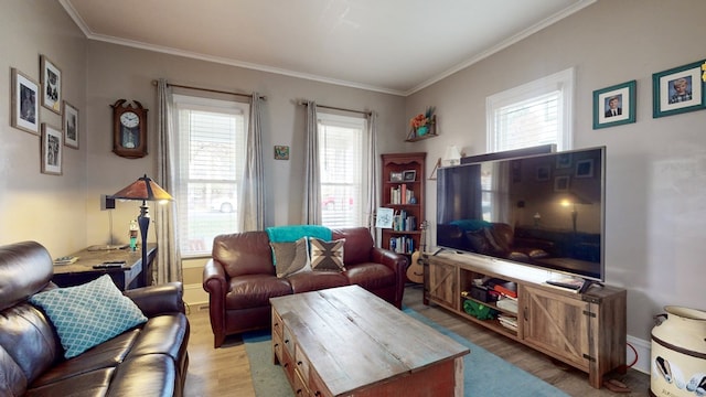 living room featuring light hardwood / wood-style floors, crown molding, and a healthy amount of sunlight