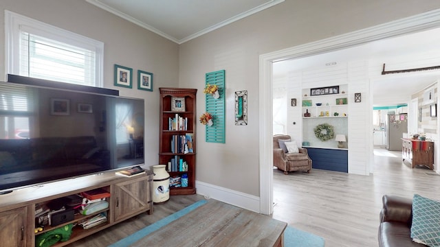 living room featuring light wood-type flooring and ornamental molding