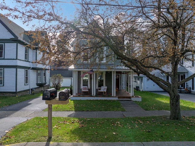 view of front of house with a front lawn, a porch, and a garage