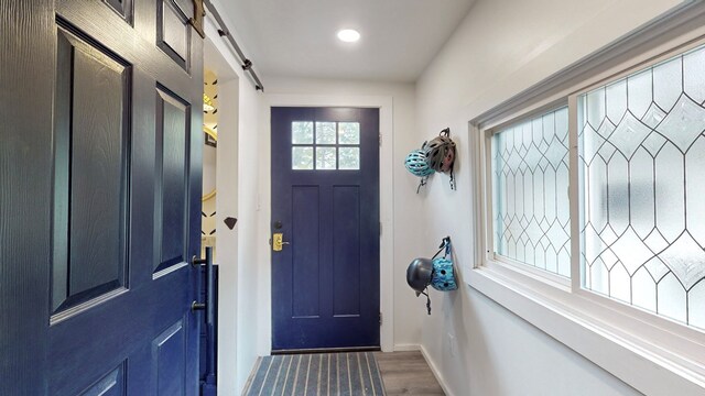 entryway with a barn door and hardwood / wood-style flooring