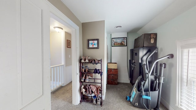 exercise room featuring light carpet